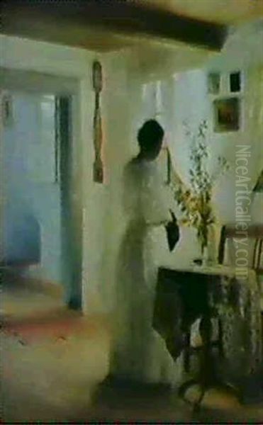 Interior Med Ung Pige Ved Vinduet Oil Painting by Peter Vilhelm Ilsted