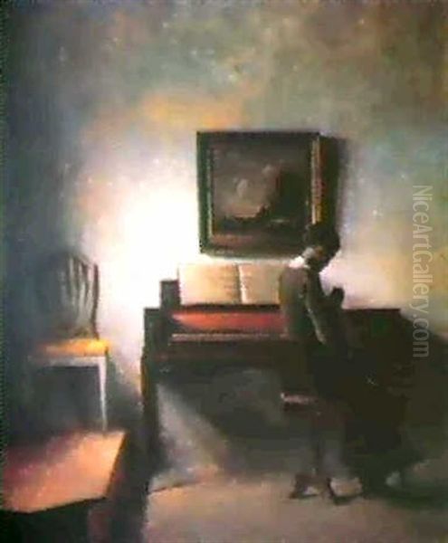 Interior Med En Dame Der                                    Broderer Foran Spinettet Oil Painting by Peter Vilhelm Ilsted