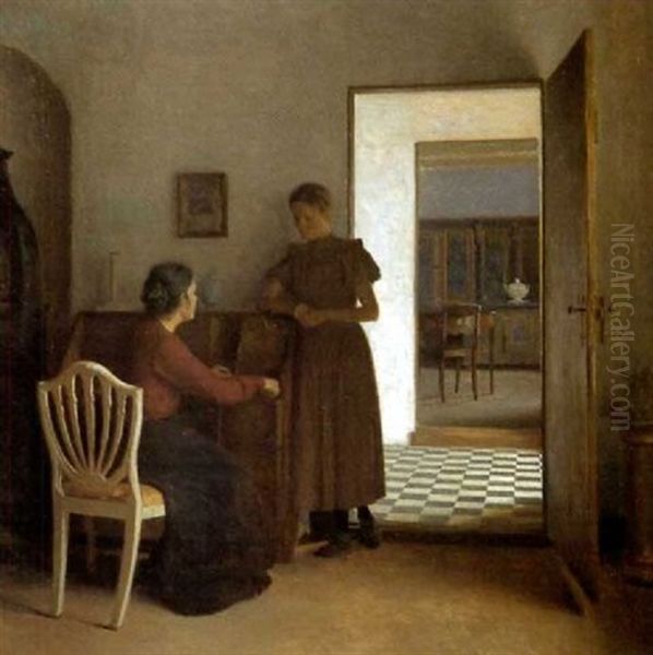 Interior Med Tva Kvinnor Oil Painting by Peter Vilhelm Ilsted