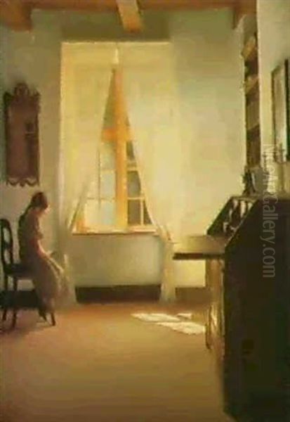 A Young Girl Reading By The Window Oil Painting by Peter Vilhelm Ilsted