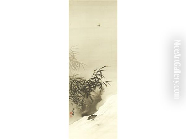 A Night Scene Of Three Fireflies Crawling On Blades Of Bamboo Overhanging A Rushing Torrent, Another Solitary Firefly In Flight Above Oil Painting by Keinen Imao