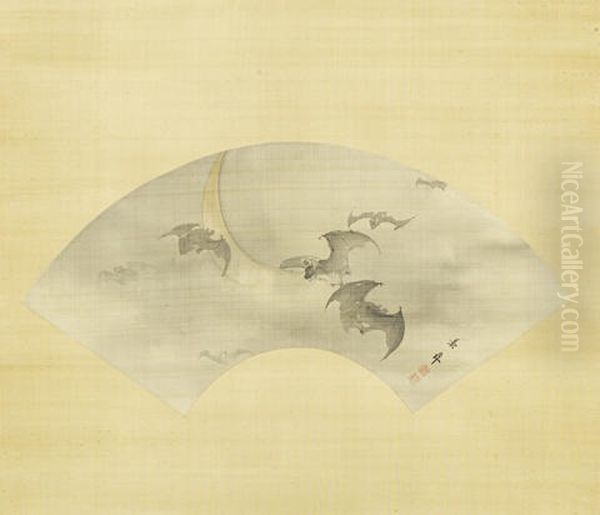 Untitled (seven Bats Hovering Against The Crescent Moon) Oil Painting by Keinen Imao