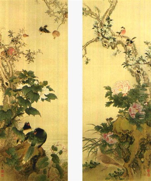 Beauties Of Spring (+ Autumn; 2 Works) Oil Painting by Keinen Imao