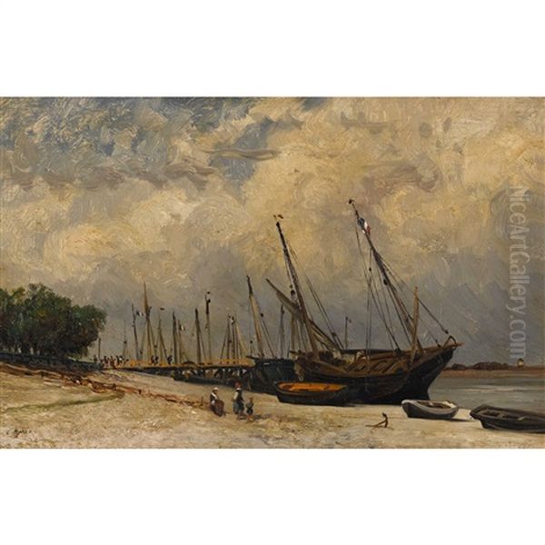 Strandpartie Mit Segelbooten Und Staffage Oil Painting by Edouard Auguste Imer