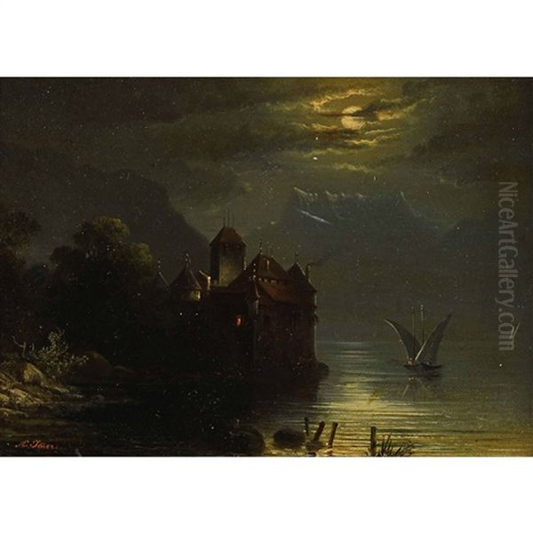 Chateau Chillon Et Dents Du Midi Au Clair De Lune Oil Painting by Edouard Auguste Imer