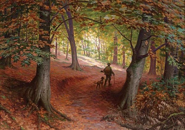 Herbstwald Mit Jager Und Hund Auf Dem Weg Oil Painting by Wilhelm Immenkamp