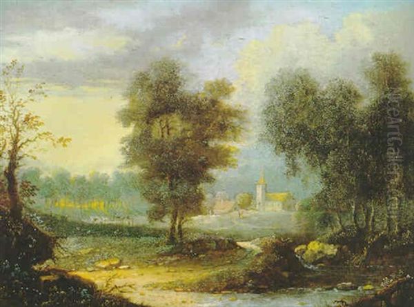 Bewaldete Landschaft Mit Einem Bach In Einem Dorf Oil Painting by Andries Immenraet