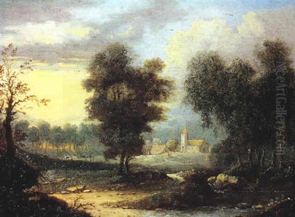 Bewaldete Landschaft Mit Einem Bach In Einem Dorf Oil Painting by Andries Immenraet