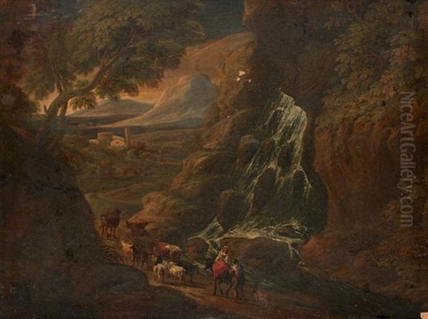 Couple De Paysans Conduisant Leur Troupeau Pres D'une Cascade Oil Painting by Philips Augustyn Immenraet