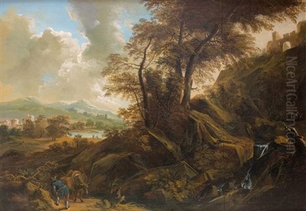 Un Promeneur Et Son Ane Dans Un Paysage Avec Une Cascade Oil Painting by Philips Augustyn Immenraet