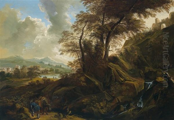 Eine Weite Landschaft Mit Einem Wasserfall by Philips Augustyn Immenraet