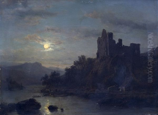 Paysage Au Rhin Avec Les Ruines D'un Chateau De La Lorelei Au Clair De Lune Oil Painting by Christiaan Immerzeel