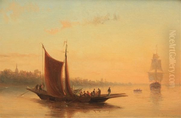 Dutch Harbor Scene With Boats And Figure Oil Painting by Christiaan Immerzeel