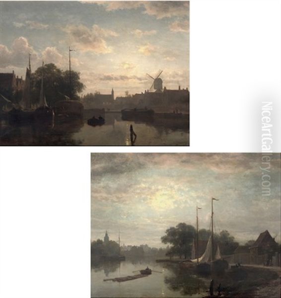 On The Canal At Dusk (+ Another, Lrgr; Pair) Oil Painting by Christiaan Immerzeel