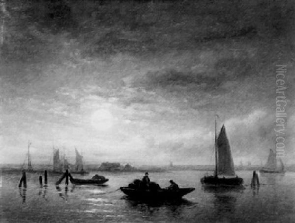 Moored Boats In A Moonlit Bay Oil Painting by Christiaan Immerzeel