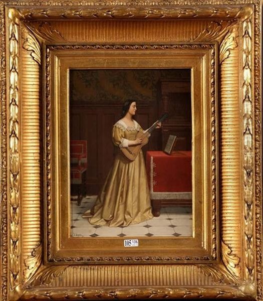 Jeune Fille A La Guitare Dans Un Interieur Oil Painting by Josse Impens