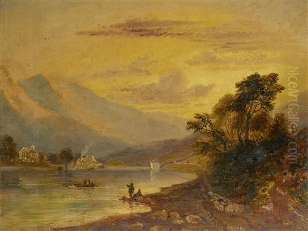 Fishermen On The Shores Of A Lake Oil Painting by Joseph Murray Ince