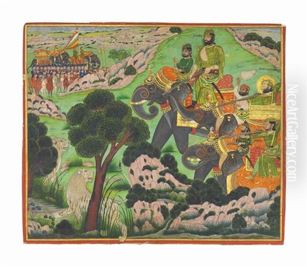 Maharaja Takhat Singh Out Hunting Tigers Oil Painting by  Indian School-Jodhpur (19)