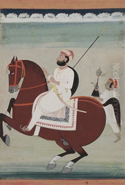 A Nobleman On Horseback Oil Painting by  Indian School-Jodhpur (19)