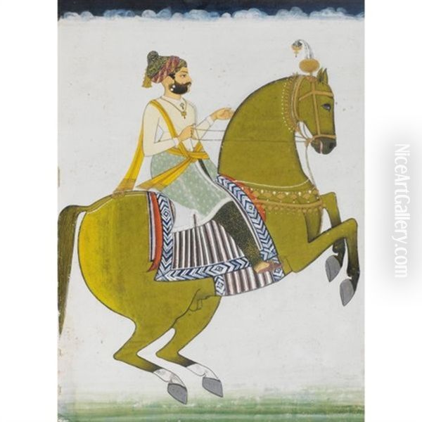 Un Portrait Equestre (+ Un Portant En Pied; 2 Works) Oil Painting by  Indian School-Jodhpur (19)