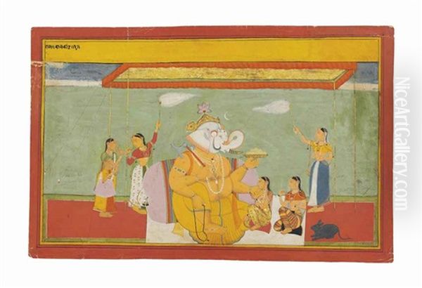 An Illustration From The Balakanda: Ganesha Attended By Ladies Oil Painting by  Indian School-Mewar (18)