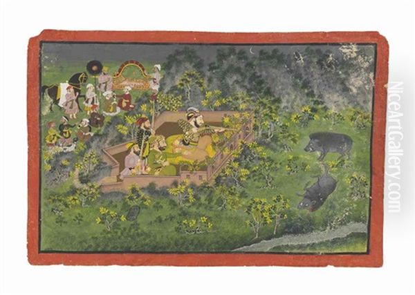 A Wild Boar Hunt Oil Painting by  Indian School-Mewar (18)