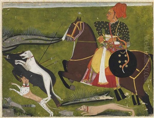 A Wild Boar Hunt Oil Painting by  Indian School-Mewar (18)