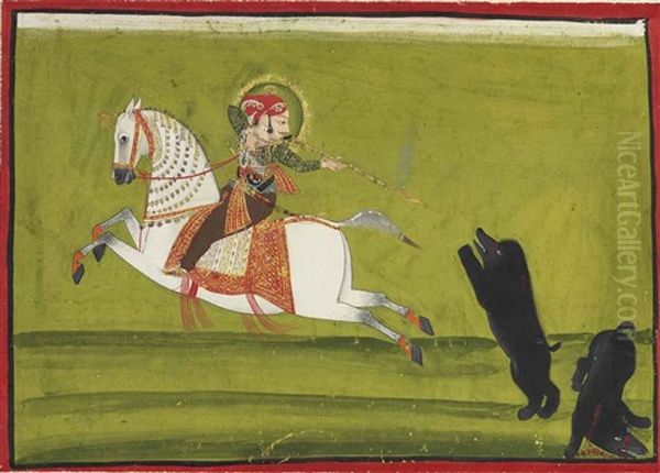 A Raja Hunting Bears, Possibly Maharana Ari Singh Oil Painting by  Indian School-Mewar (18)