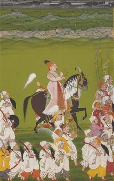 Prince Of Mewar With Followers Oil Painting by  Indian School-Mewar (18)