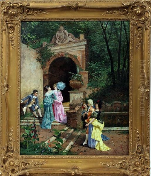 Depicting Four Ladies And Two Gentleman Strolling Through A Classical Architectural Landscape Oil Painting by Filippo Indoni