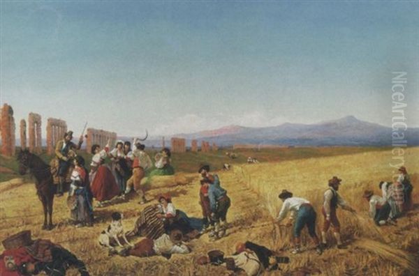 Festa Della Mietitura Nella Campagna Romana, 1877 Oil Painting by Filippo Indoni