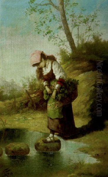 Madchen Mit Blumenkorb Am Wasser Oil Painting by Filippo Indoni