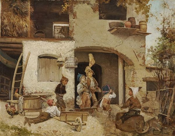 Boys Playing In Front Of A Farmhouse Oil Painting by Domenico Induno