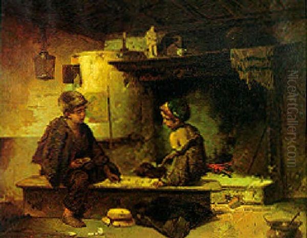 Urchins By The Hearth Oil Painting by Domenico Induno