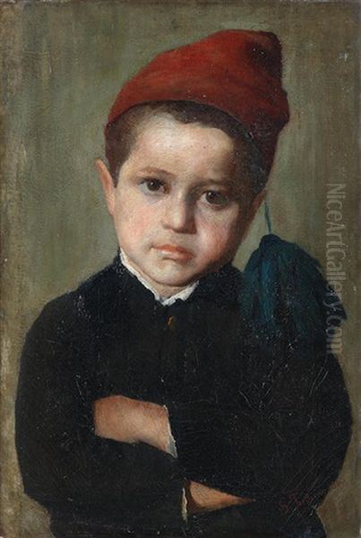 Portrait Of A Boy Wearing A Red Cap Oil Painting by Girolamo Induno