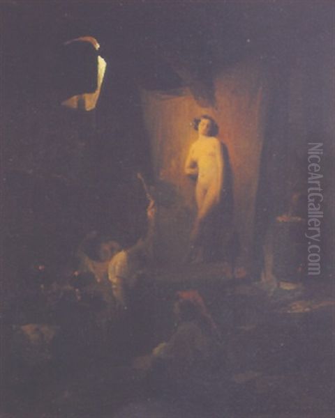 Interior Scene Of Artist's Studio With Nude Model Oil Painting by Girolamo Induno