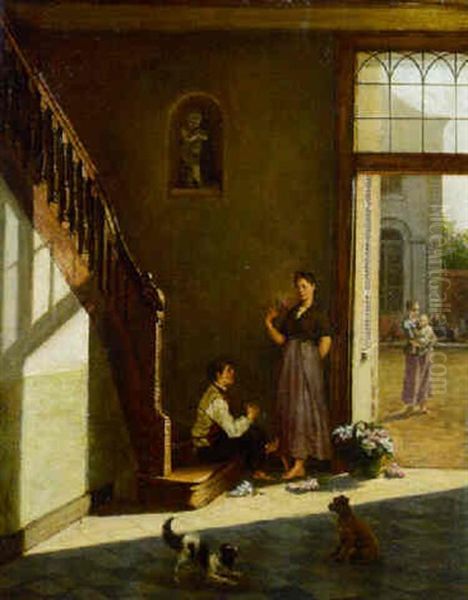 A Flower Seller At A Doorway Oil Painting by Girolamo Induno