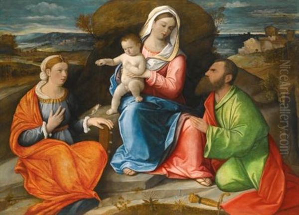 Madonna And Child With A Goldfinch, With Saints Catherine And Paul, Before An Extensive Landscape Oil Painting by Pietro degli Ingannati