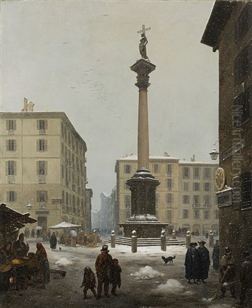 La Colonna Di S.martiniano Al Verziere Con Effetto Di Neve Oil Painting by Angelo Inganni