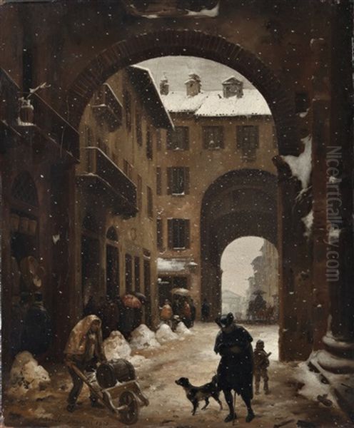 Veduta Di Porta Ticinese Con L'effetto Di Neve Cadente Oil Painting by Angelo Inganni