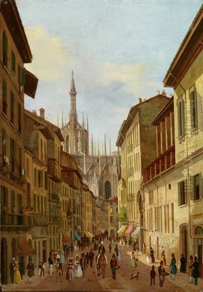 Veduta Di Una Via Presso Al Duomo Di Milano Oil Painting by Angelo Inganni