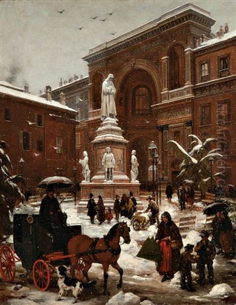 Veduta Di Piazza Della Scala Con Effetto Di Neve Cadente Oil Painting by Angelo Inganni