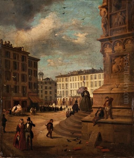 Veduta Di Piazza Del Duomo Dall'angolo Di Palazzo Reale Oil Painting by Angelo Inganni