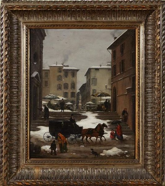 Veduta Della Piazza Del Mercato Di Brescia Sotto La Neve Oil Painting by Angelo Inganni