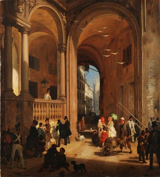 Veduta Della Piazza Dei Mercanti (il Passaggio Dalla Piazza Dei Mercanti Alla Pescheria Vecchia) Oil Painting by Angelo Inganni