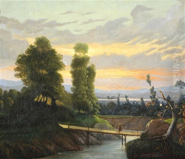 Abendliche Flusslandschaft Mit Brucke Und Figurenstaffage Oil Painting by Angelo Inganni