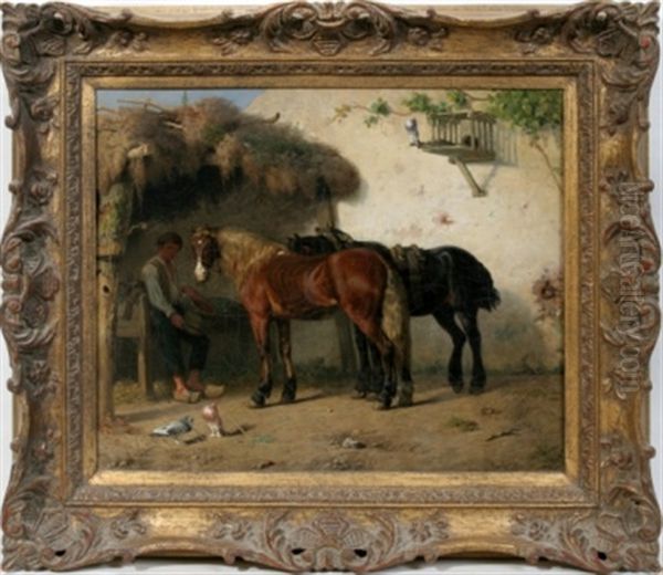 Horses In Stable Oil Painting by Hendrikus Alexander Van Ingen