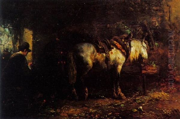 A Stable Interior With Two Horses Oil Painting by Hendrikus Alexander Van Ingen