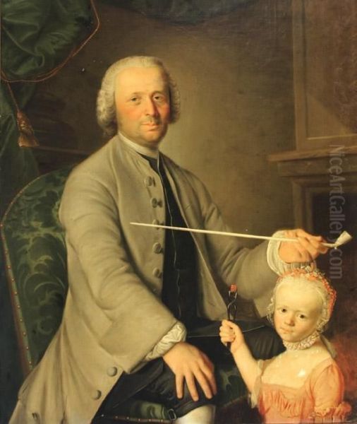 Portrait Of Father And Daughter With Pipe And Rattle Oil Painting by Sigmund Barth