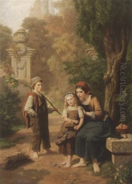 Drei Kinder Im Park. Die Beiden Madchen Mit Apfelkorben Und Strickzeug, Der Junge Mit Einem Bundel Reisig Oil Painting by Franz Maria Ingenmey